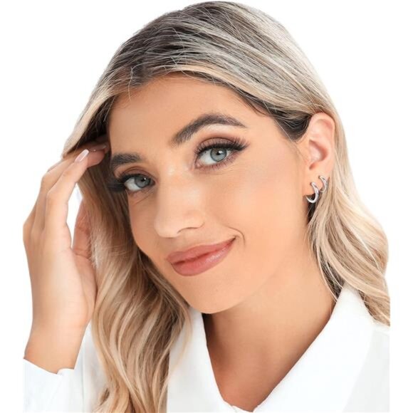 3 Pairs 925Sterling Silver Hoop Earrings 14K White Gold Plated Small Silver Hoop - Picture 5 of 6